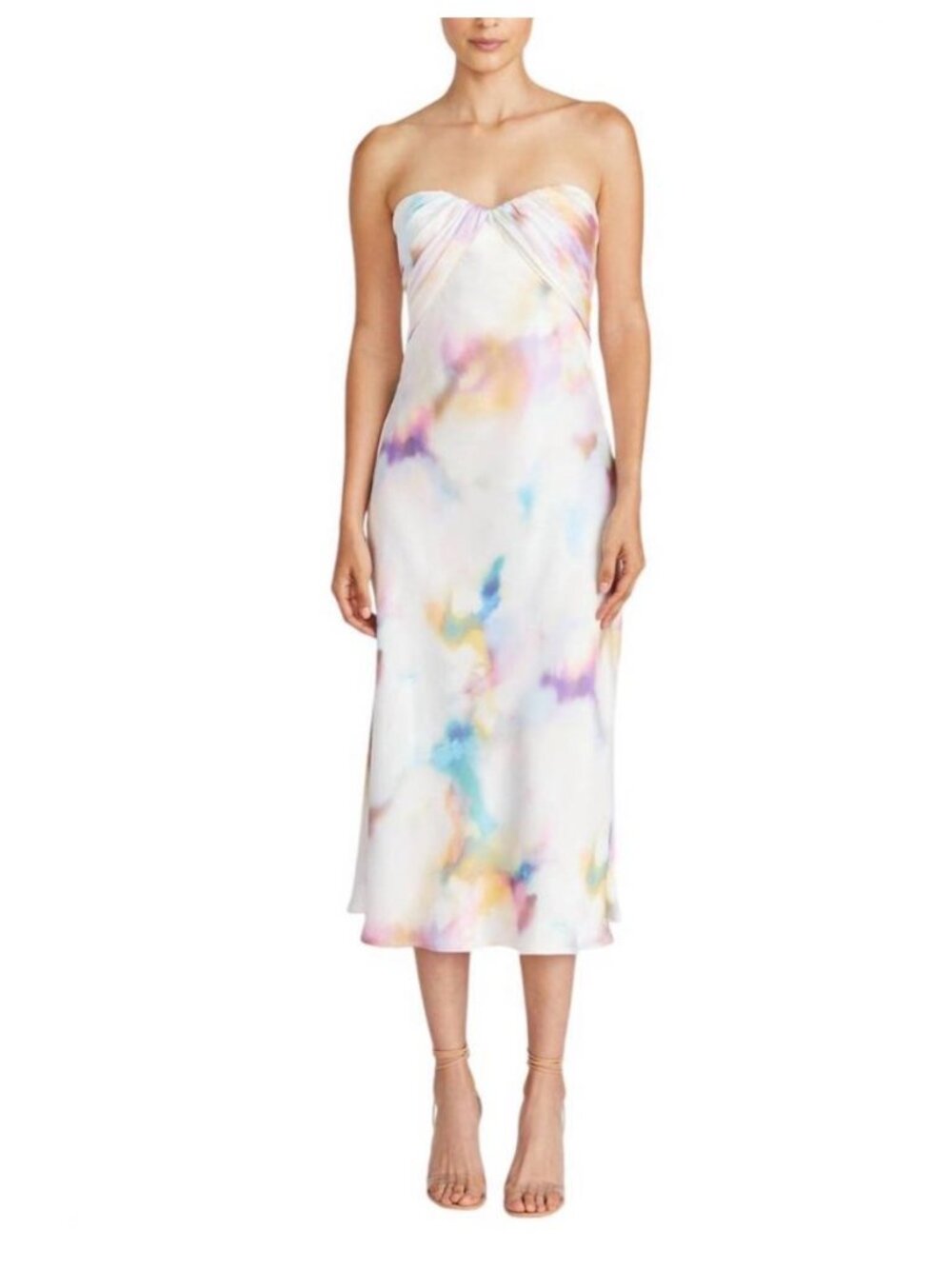 NWT ML Monique Lhuillier Annika Strapless Satin Midi Dress in Golden Sky 12